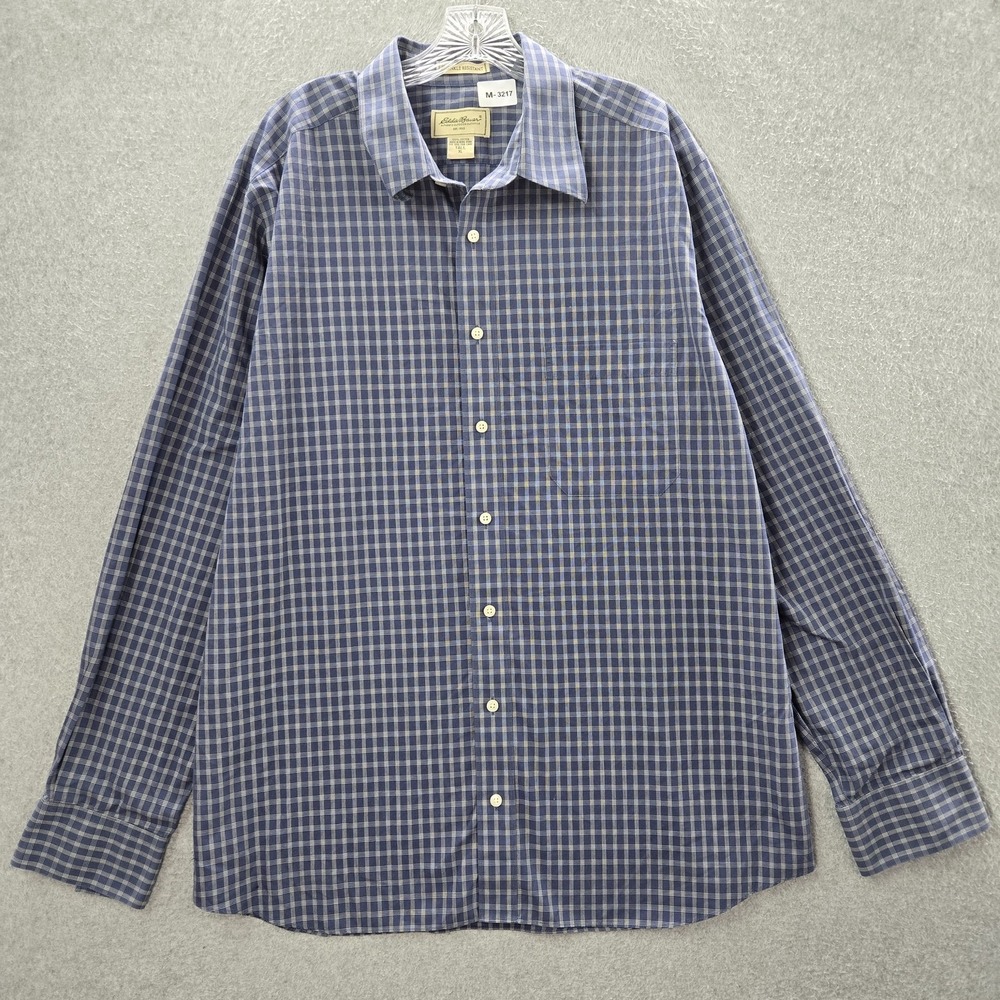 VINTAGE Eddie Bauer Men Button Up Shirt XLT Blue Plaid Long Sleeve 90s